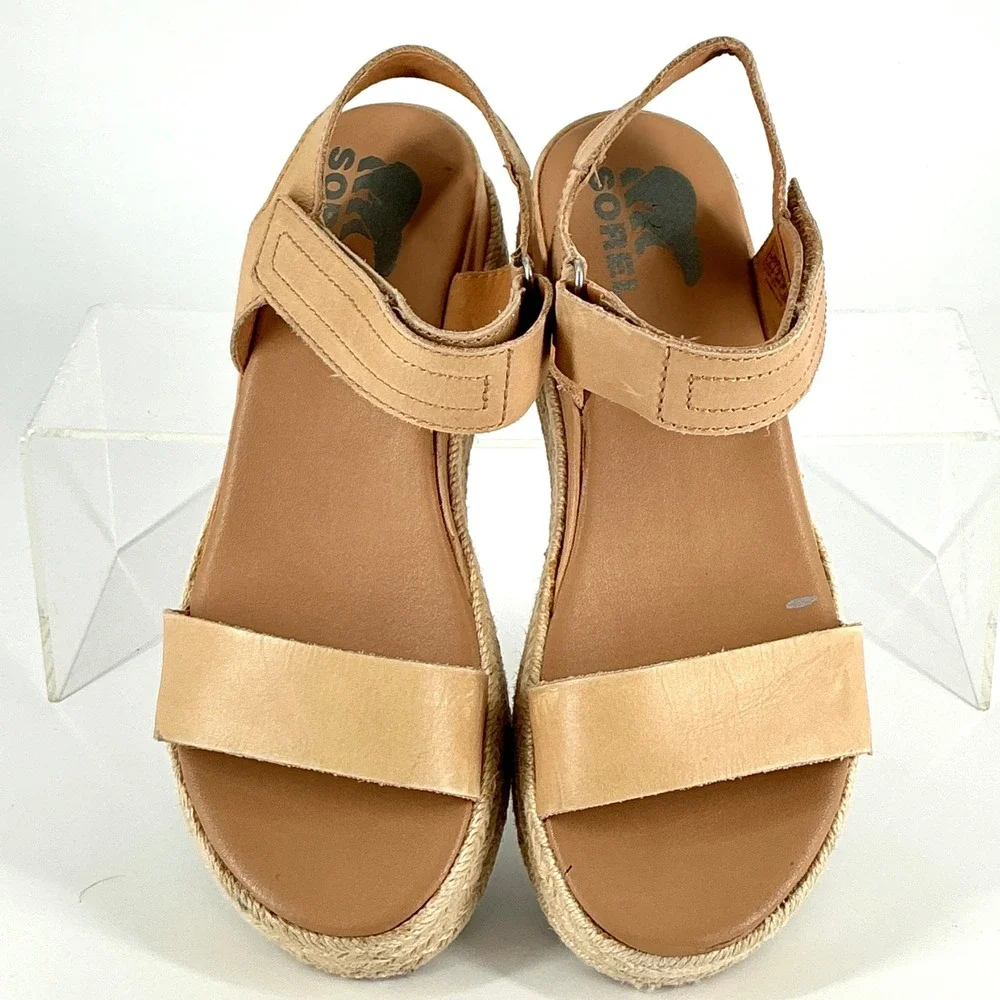 Sorel Womens Size 7 Cameron Flatform‎ Espadrille Tan Leather Platform Sandals